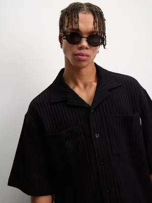 Redbat Classics Mens Cross Stitch Black Button Through Black Shirt