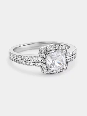 Sterling Silver Cubic Zirconia Cushion Halo Ring 
