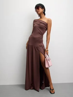 The FIX Women's Brown Bardot Drapped Waist Maxi Dress