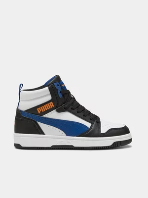 Puma Junior Grade-School Rebound White/Black/Blue Mid Sneakers 