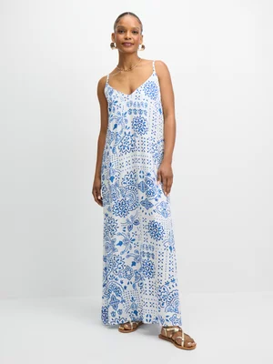 Exact Women's White & Blue Tile Print Dress