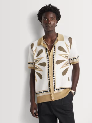 Markham Men's Desert Palm Button Through Ecru Knitwear