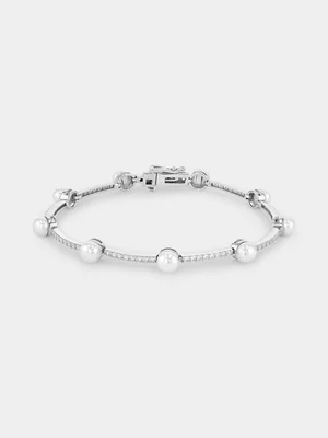 Sterling Silver Freshwater Pearl & Cubic Zirconia Station Bracelet 