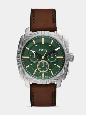 Fossil Machine Green Dial Stainless Steel Brown Leather Chronograph Watch