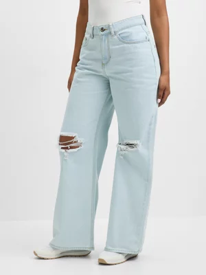 Jet Women's Light Blue Ripped Wide Leg Denim Jean 