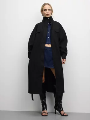 The FIX Women's Black Melton Funnel Neck Coat