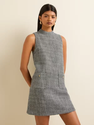 Women's Iconography Funnel Neck Black & White Tweed Shift Dress 