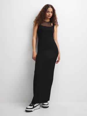 Redbat Women's Ribbed Sheer Maxi Black Dress