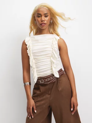 The FIX Women's White Frilly Open Back Top