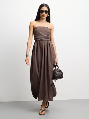 The FIX Women's Brown Bandeau Crepe Maxi Sundress