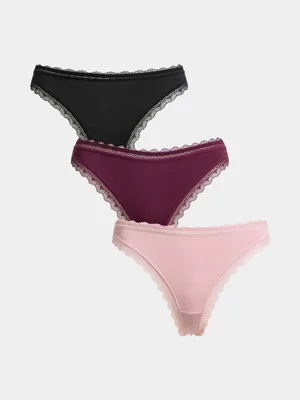 Jet Women’s 3 Pack Wine Dusty Pink Black MF Lace Thong