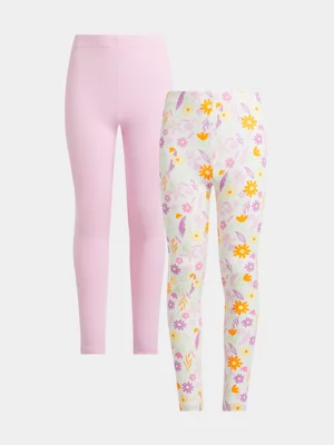 Jet Younger Girls 2 Pack Flower Print Leggings 
