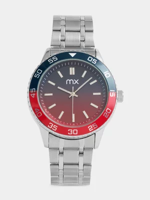 MX Silver Plated Blue & Red Ombre Dial Bracelet Watch 