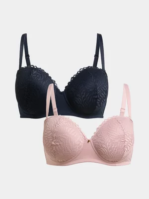 Jet Women's 2 Pack Pink Navy Lace Balc Bra