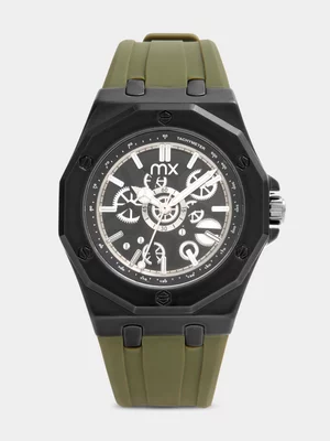 MX Black Plated White Dial Automatic Look Green Silicone Watch