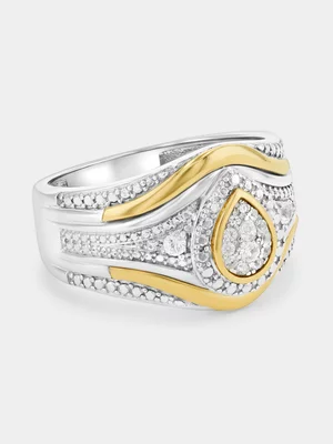 Yellow Gold & Sterling Silver White Sapphire Pear Halo Ring 