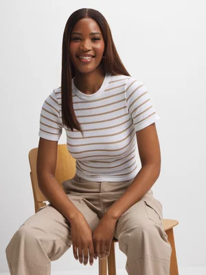 Exact Women's White & Natural Striped Seamless T-Shirt