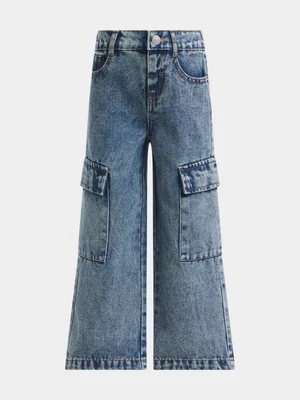Jet Younger Girls Dark Blue Wideleg Cargo Denim Pants