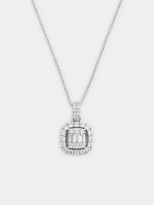 Sterling Silver White Sapphire Cushion Halo Pendant 