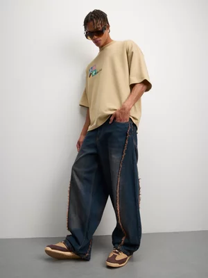 The FIX Men's Mid-Wash 100% Cotton Baggy Denim Jeans With Frayed Panel 