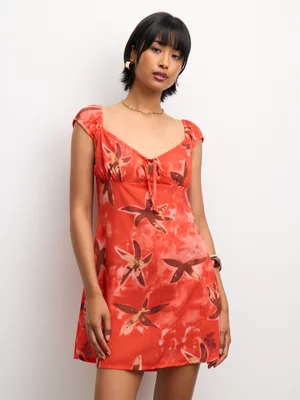 The FIX Women's Red Georgette Shell Print  Babydoll Dress