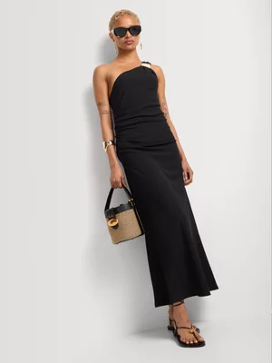 Asymmetrical Sleeve Hardware Detail Column Dress