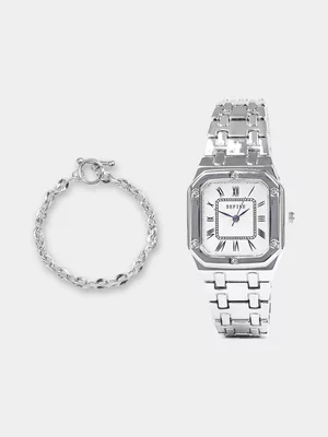 Exact Women's Silver Watch & Bracelet Set