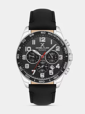 Daniel Klein Silver Plated Black Dial Black Leather Chronographic Watch 