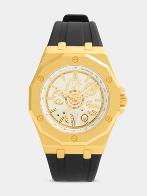 MX Gold Plated White Dial Automatic Look Black Silicone Watch