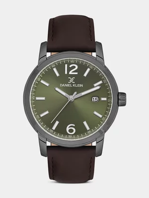 Daniel Klein Gunmetal Plated Green Dial Brown Leather Watch