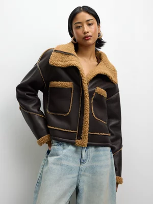 The FIX Women's Brown Mocha Pu Sherpa Biker Jacket 