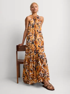 Leaf Print Halterneck Trapeze Maxi Sundress