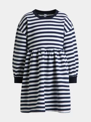 Exact Older Girl's White & Navy Striped Sweat Dress