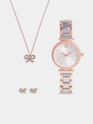 Exact Women's Rose Gold & Silver Necklace, Earrings & Watch Set