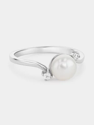 Sterling Silver Pearl Cubic Zirconia Skinny Ring 