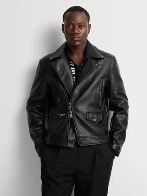 Markham Men's Slim Fit Black Pleather Biker Jacket
