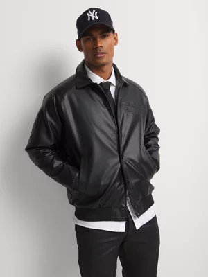 Markham Men's Embossed Detail PU Black Bomber Jacket