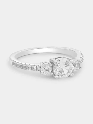 Sterling Silver White Sapphire Trilogy Pavé Ring 