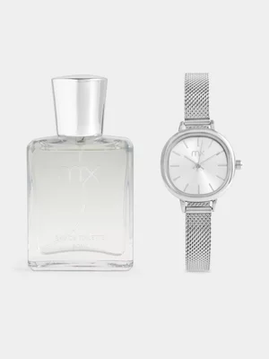 MX Silver Plated Mesh Watch & MX For Her Fragrance Set 