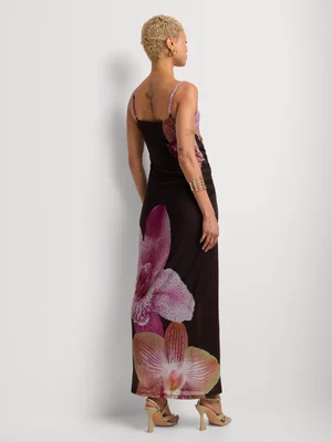 Mesh Floral Print Midi Column Dress