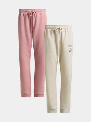 Jet Older Girls 2 Pack Pale Mauve And Cream Joggers