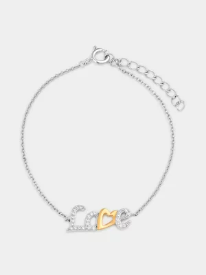 Gold Plated Sterling Silver Cubic Zirconia Two-Tone Love Script Bracelet 