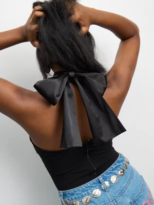 The FIX Women's Black Crepe Knit Halter top with Satin Back Tie 