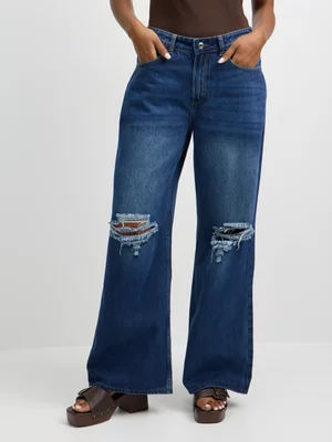 Jet Women’s Dark Wash Heavily Ripped Wide Leg Denim