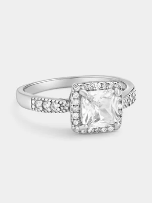 Sterling Silver Cubic Zirconia Cushion Halo Ring