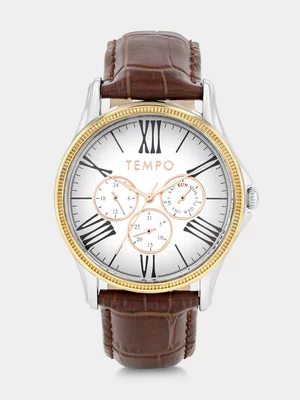 Tempo Silver & Rose Plated Silver Dial Brown Leather Watch 