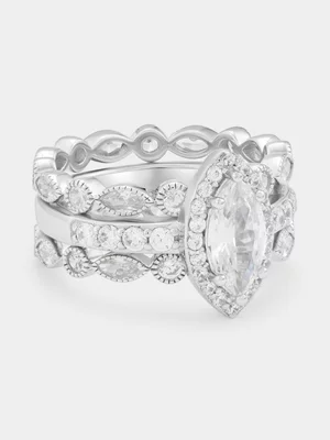 Sterling Silver Cubic Zirconia Marquise Halo Triple Set Ring 