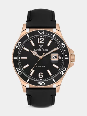 Daniel Klein Rose & Black Plated Black Dial Black Leather Watch 