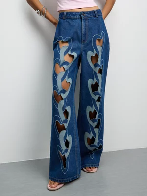 The FIX Women's Medium Wash Laser Heart Wide Leg Jeans 