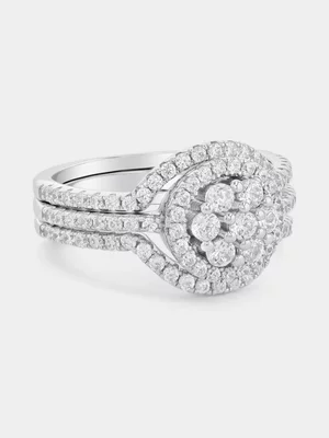Sterling Silver Cubic Zirconia Round Halo Triple Set Ring 